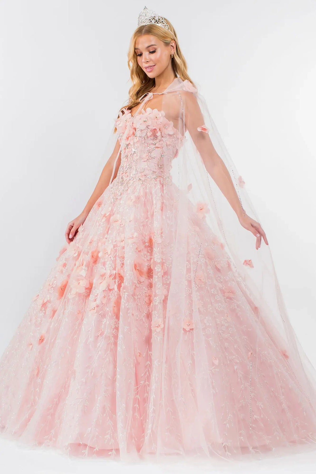 Bodice close-up highlights the Blush quinceañera ball gown with jeweled sweetheart bodice.