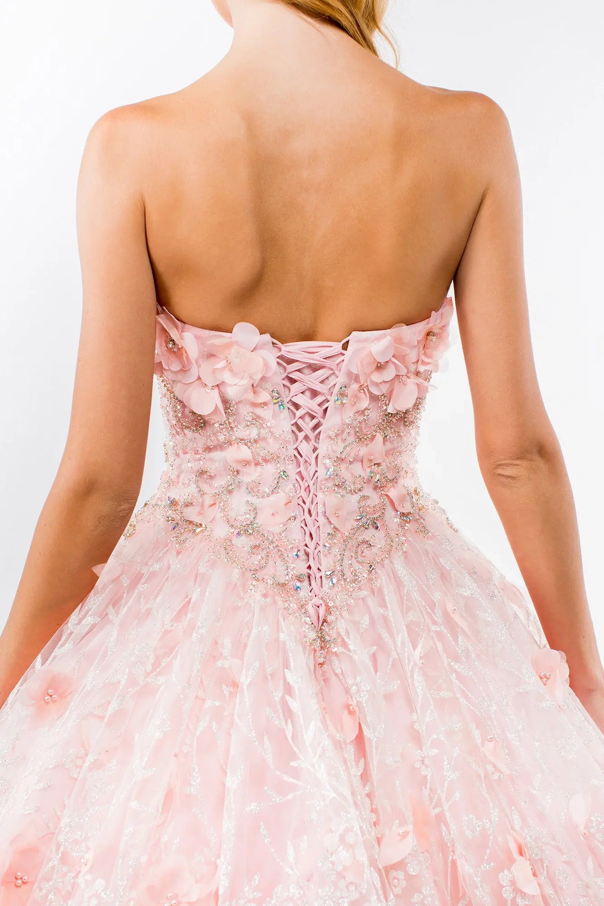Detachable accents complete the Blush quinceañera ball gown with 3d floral cape.