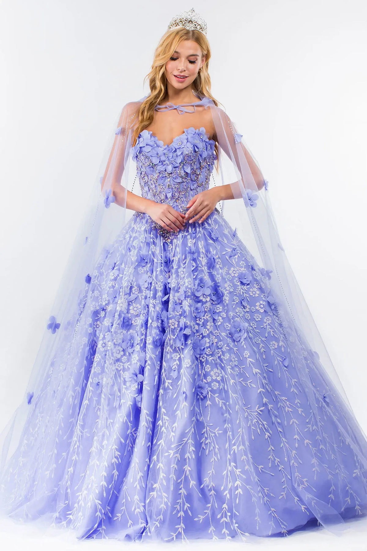 Full-length view presents the Lilac quinceañera ball gown with 3d floral cape.