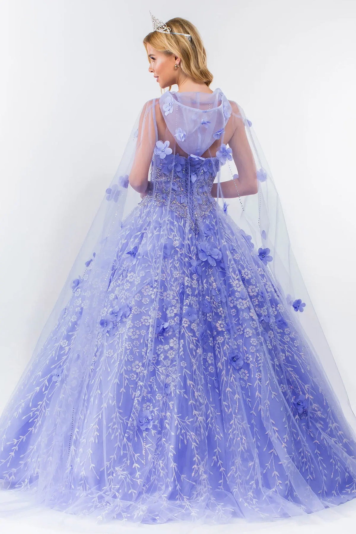 Lace-up back reveals the Lilac quinceañera ball gown with lace-up back and jeweled sweetheart bodice.