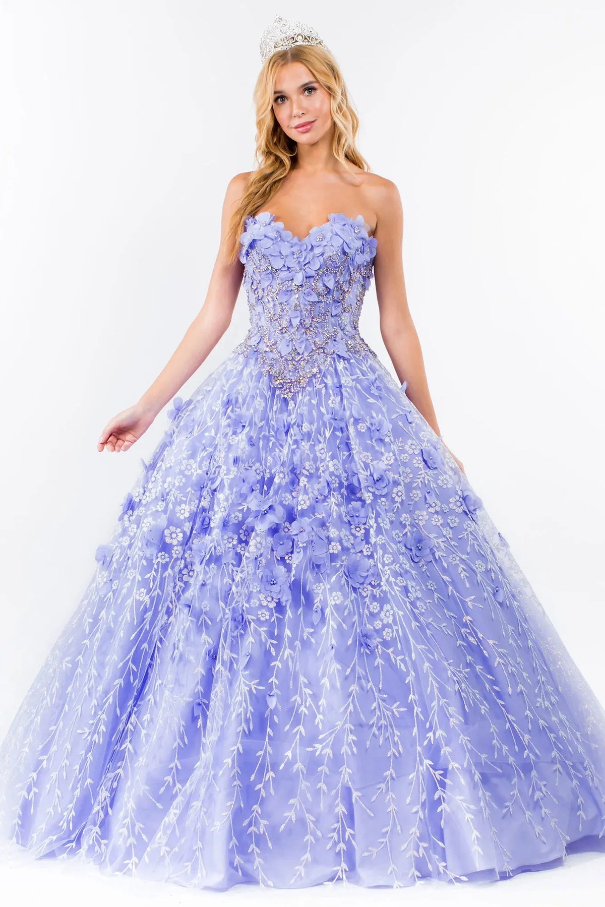 Bodice close-up highlights the Lilac quinceañera ball gown with jeweled sweetheart bodice.