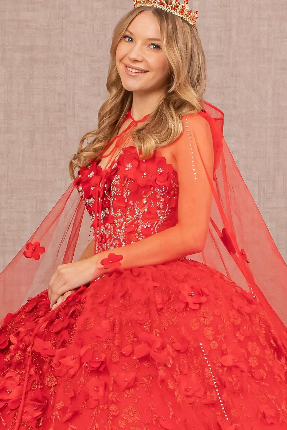 Full-length view presents the Red quinceañera ball gown with 3d floral cape.