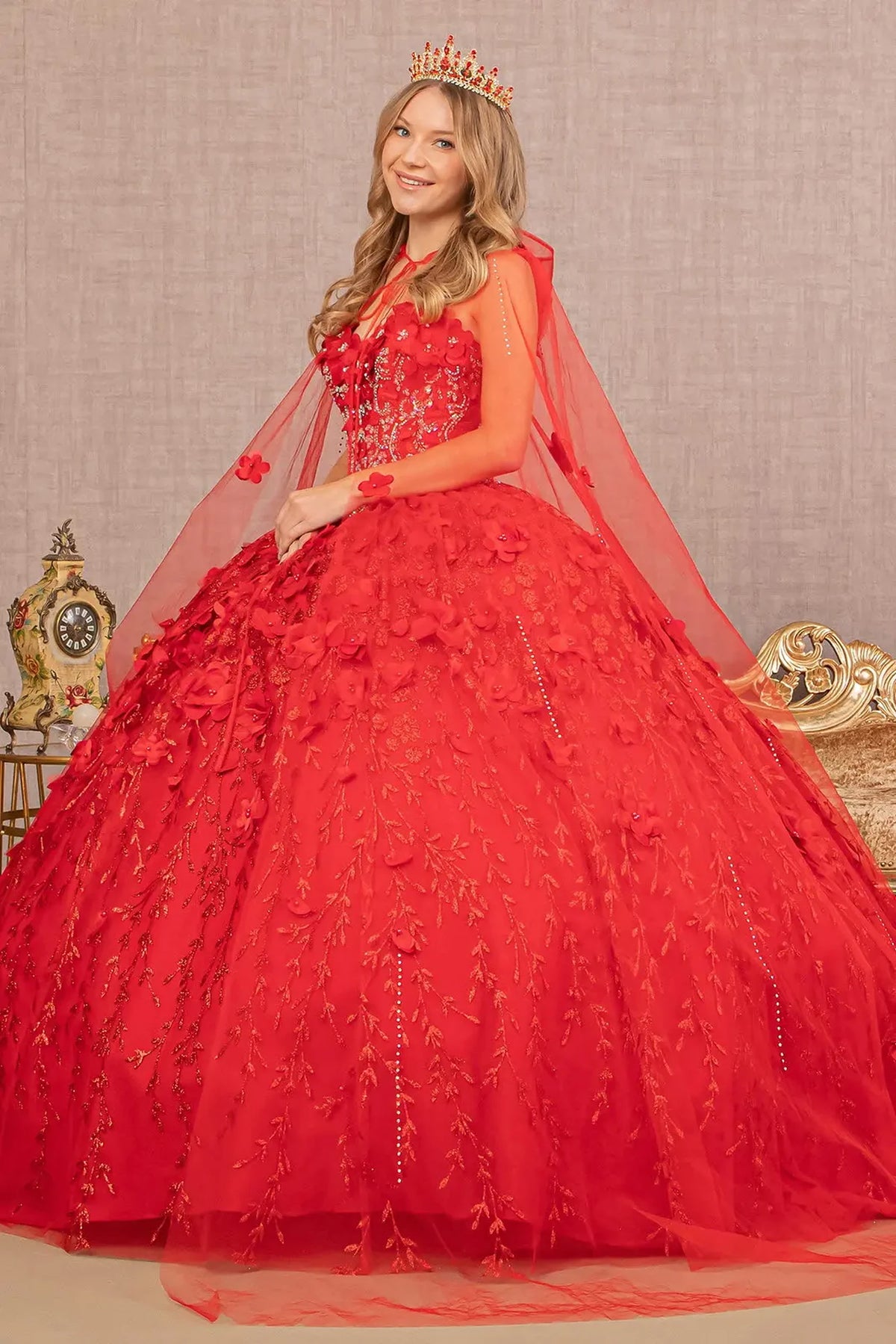 Lace-up back reveals the Red quinceañera ball gown with lace-up back and jeweled sweetheart bodice.