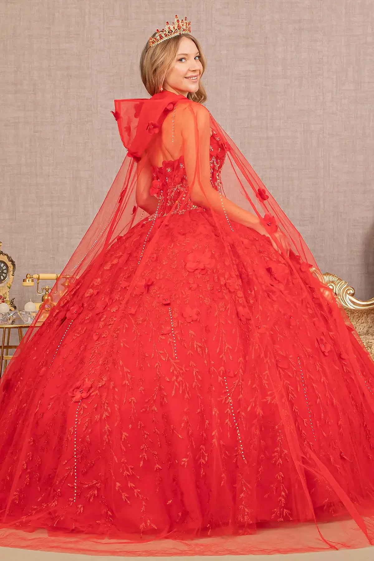 Bodice close-up highlights the Red quinceañera ball gown with jeweled sweetheart bodice.