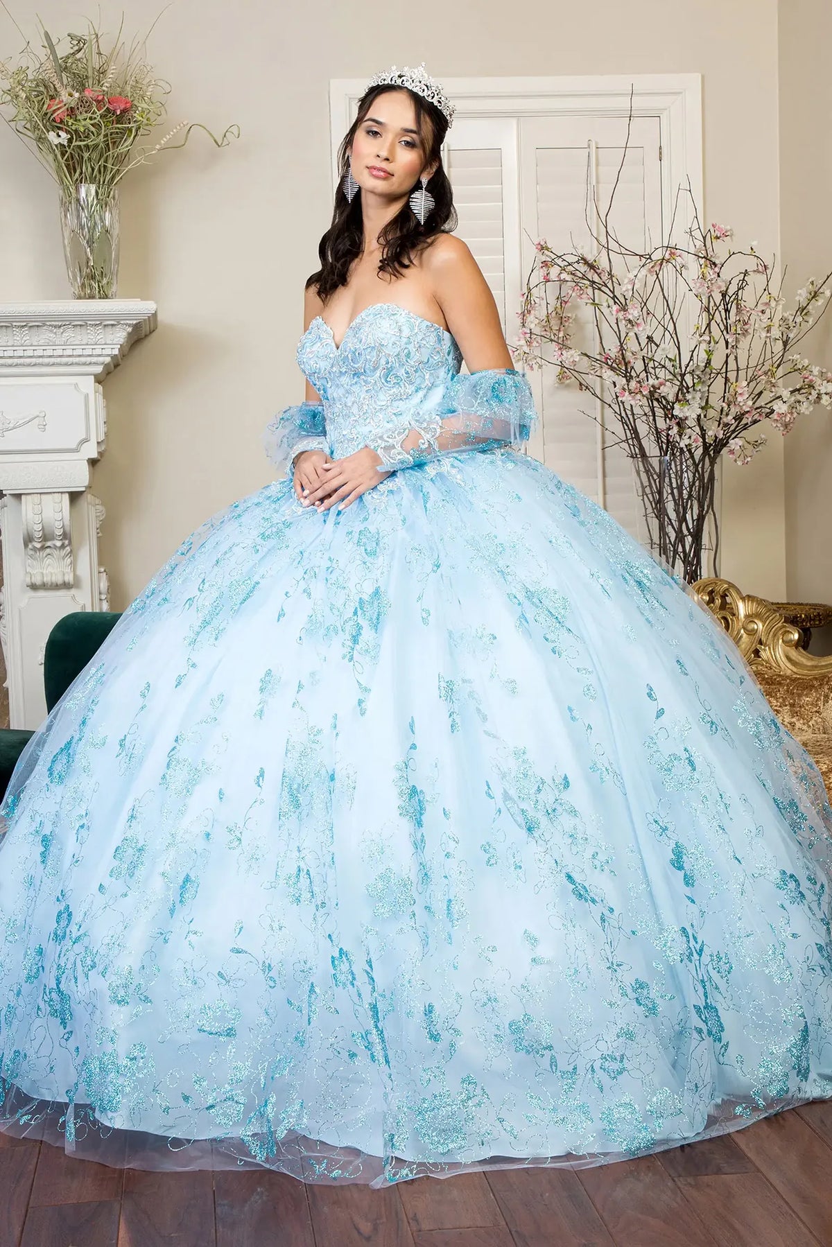 Full-length view presents the Baby Blue quinceañera ball gown with detachable long sleeves.