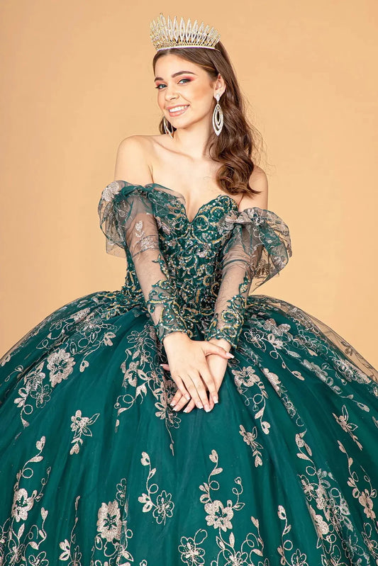 Full-length view presents the Emerald Green quinceañera ball gown with detachable long sleeves.
