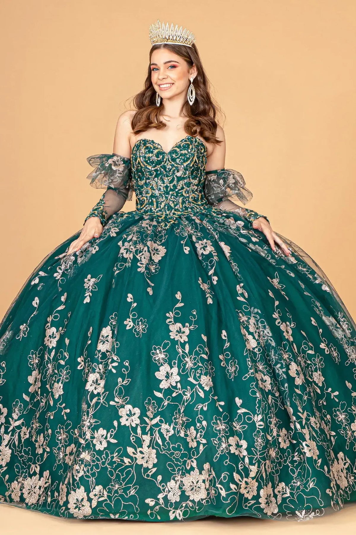 Lace-up back reveals the Emerald Green quinceañera ball gown with lace-up back and glitter embroidery.
