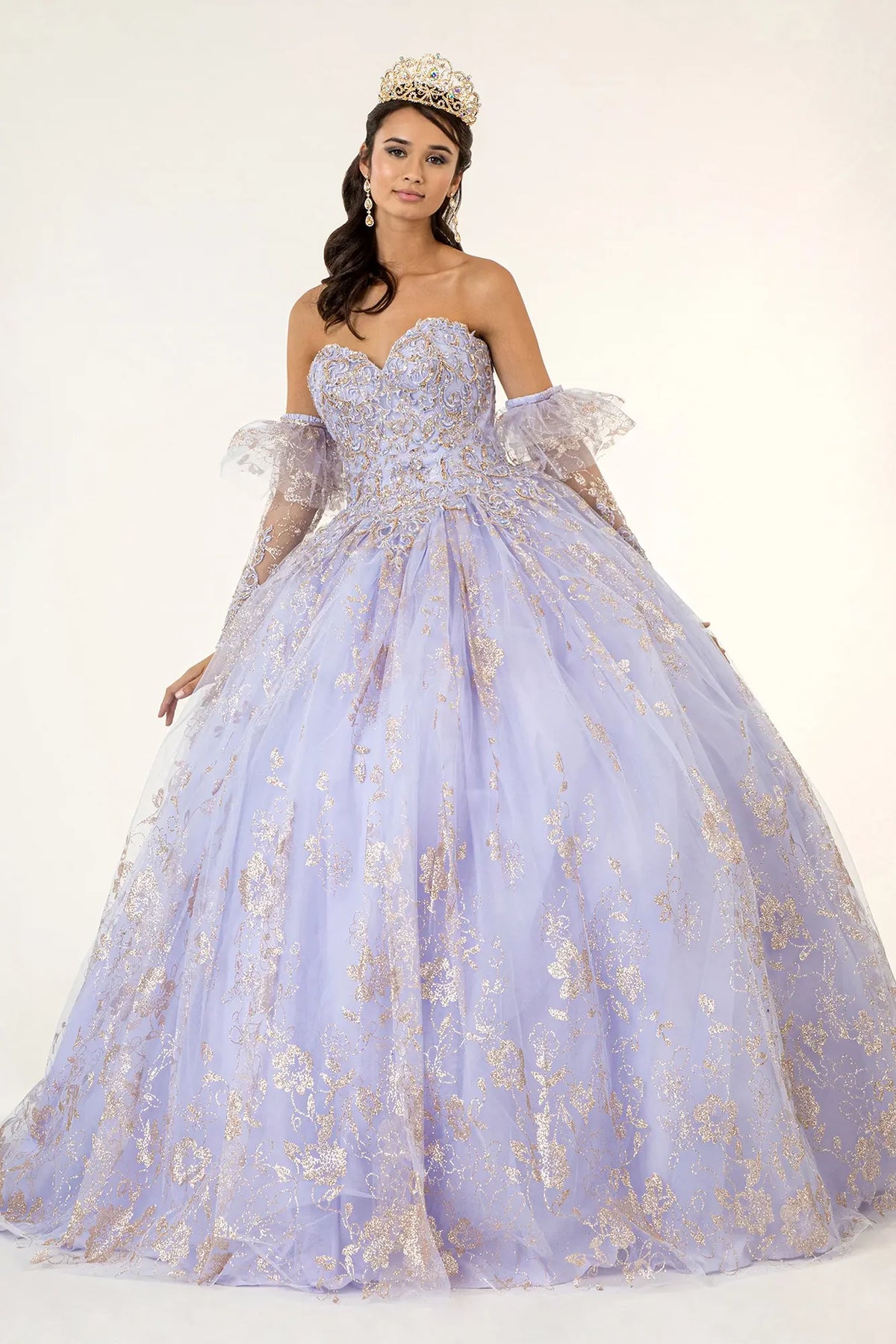 Full-length view presents the Lilac quinceañera ball gown with detachable long sleeves.