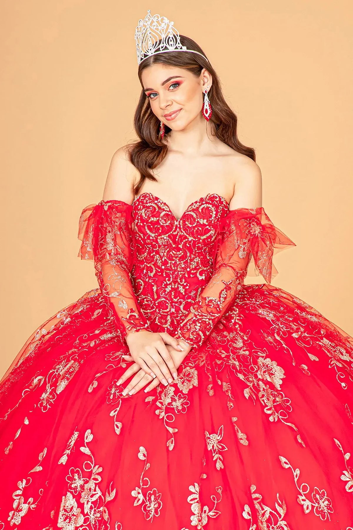 Full-length view presents the Red quinceañera ball gown with detachable long sleeves.