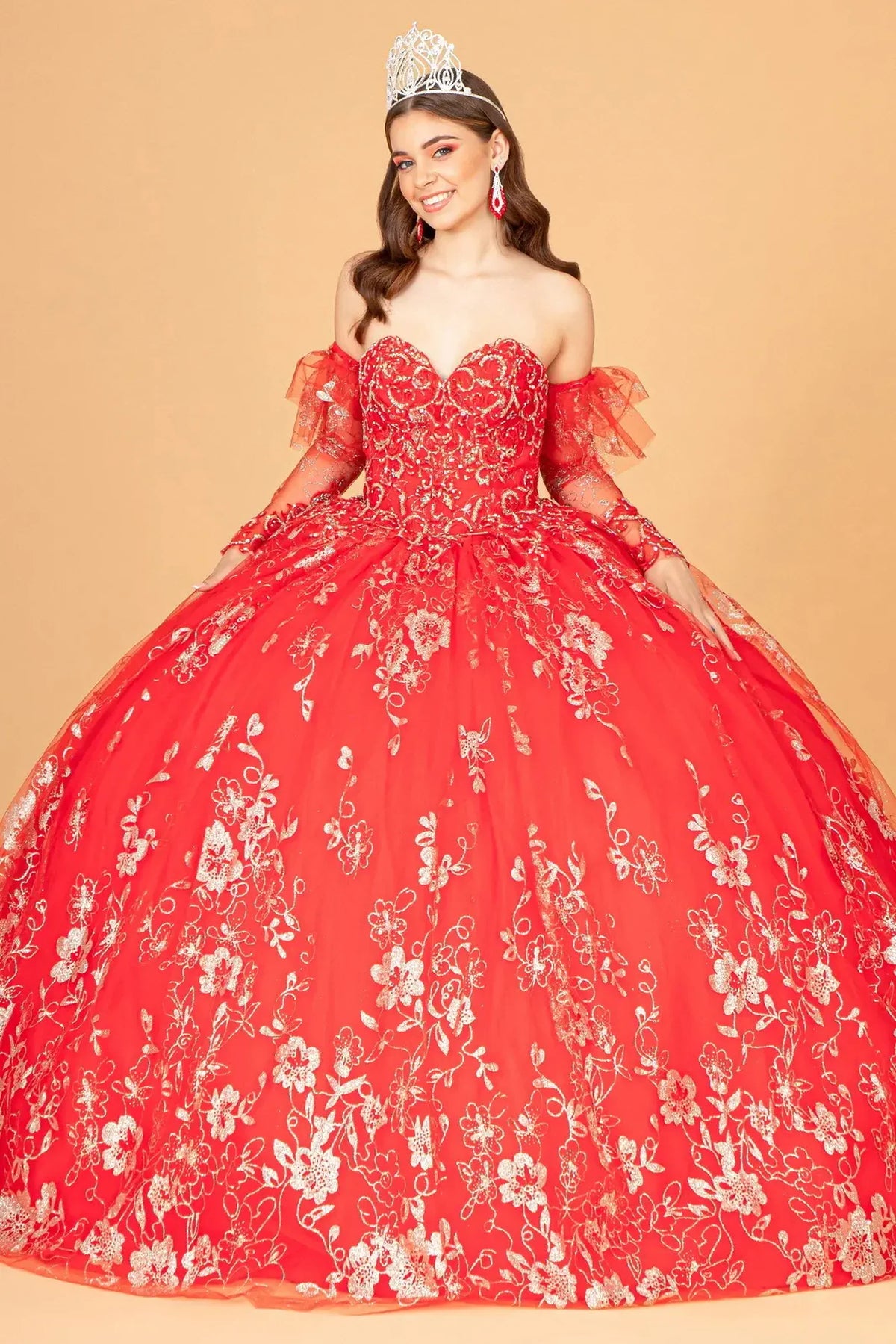 Lace-up back reveals the Red quinceañera ball gown with lace-up back and glitter embroidery.