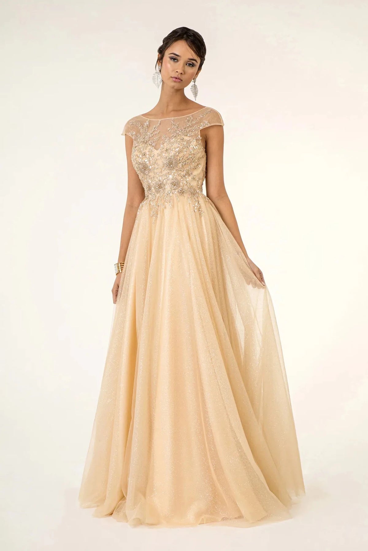 Champagne sequin cap-sleeve prom evening dress full front