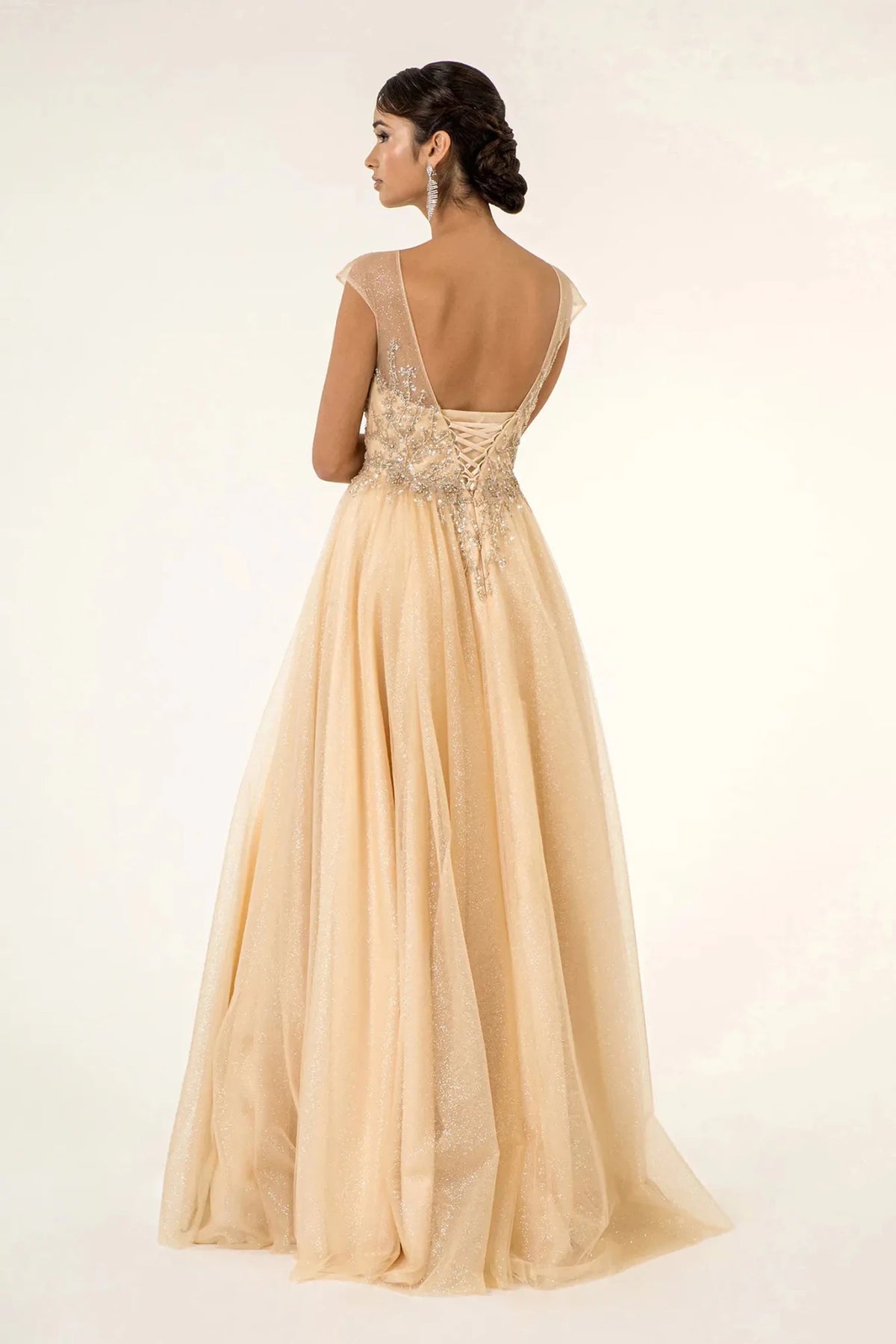 Champagne prom evening dress full back with open back