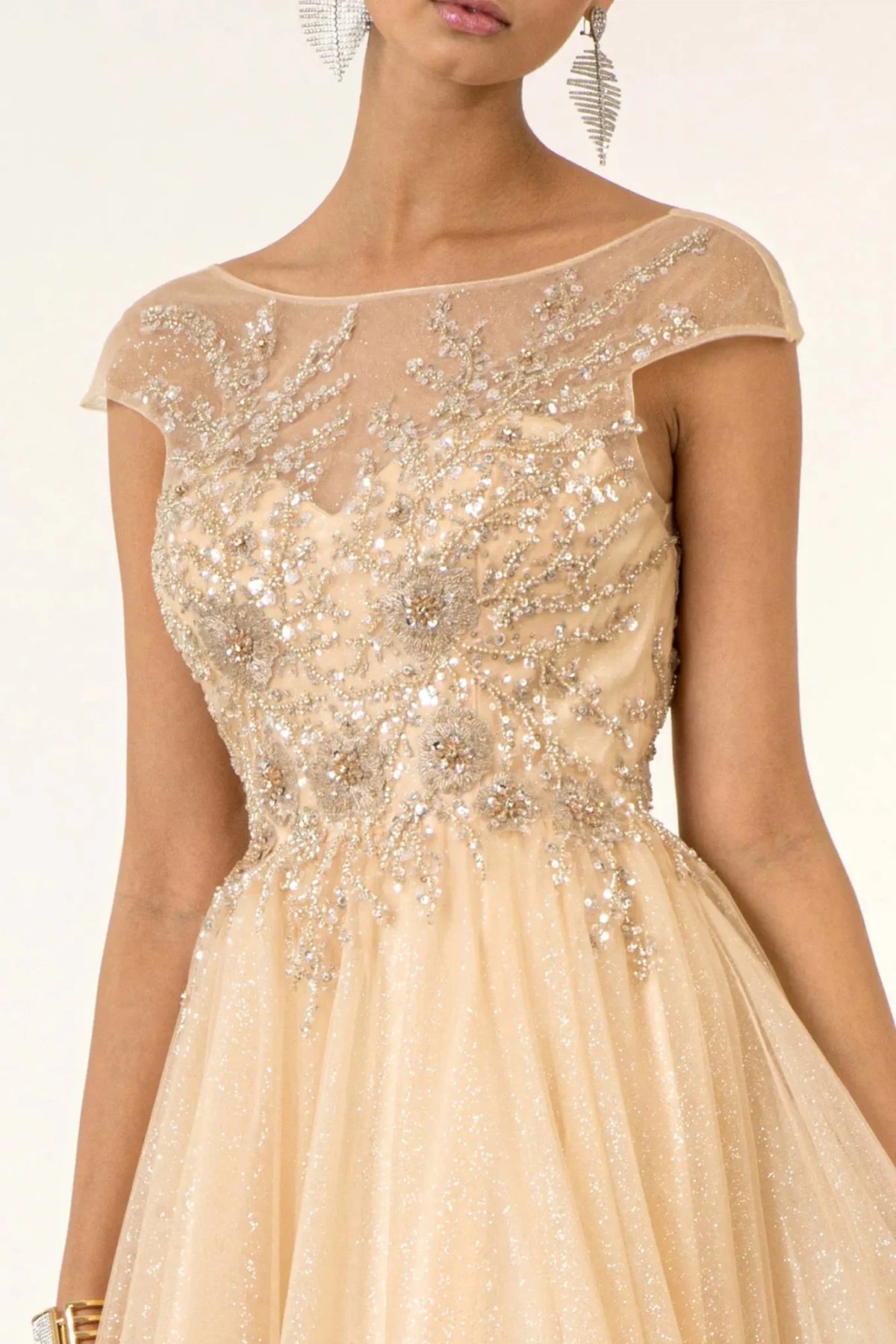 Champagne boat-neck prom evening dress upper front with beads, glitter, sequin