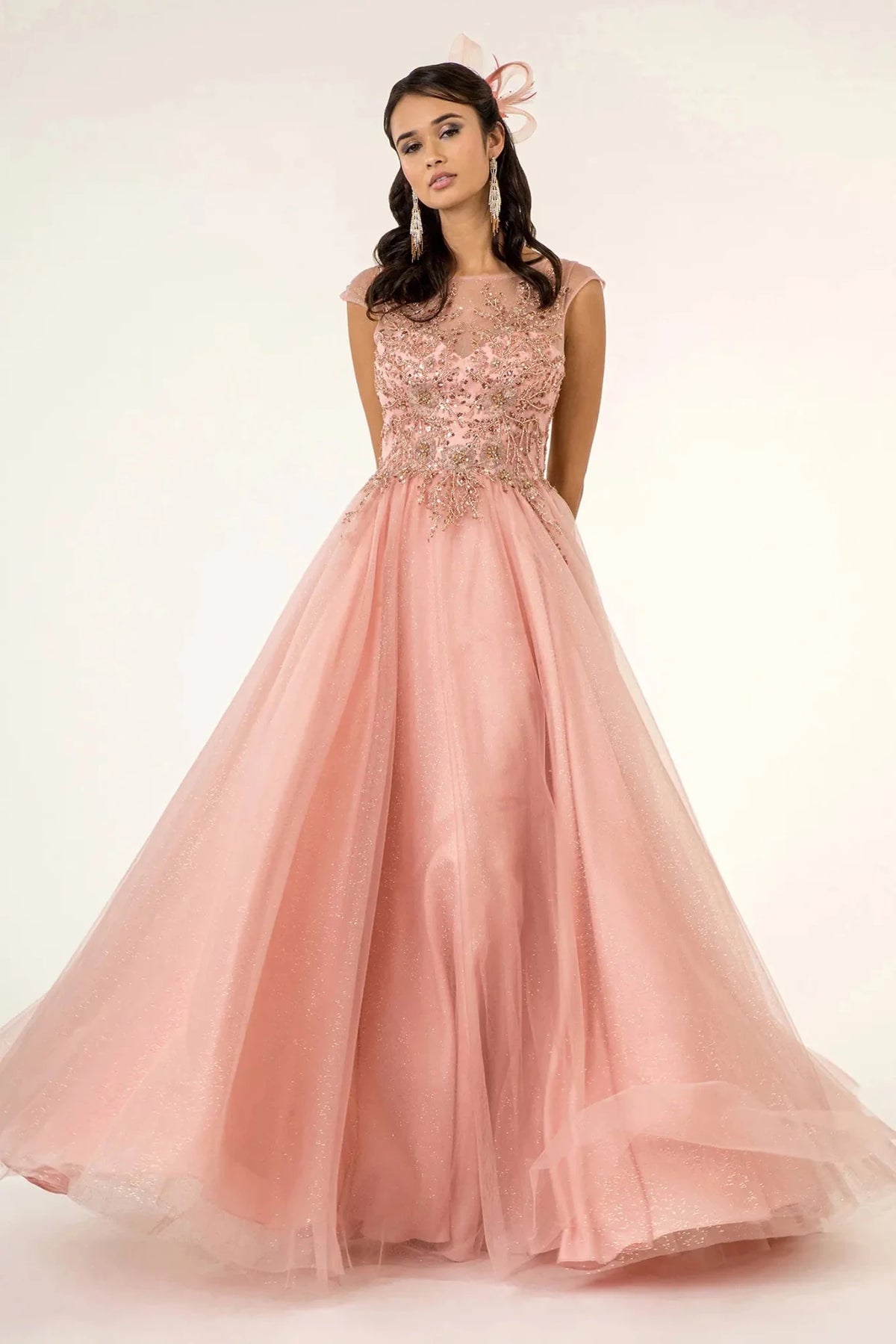 Dusty Rose sequin cap-sleeve prom evening dress full front