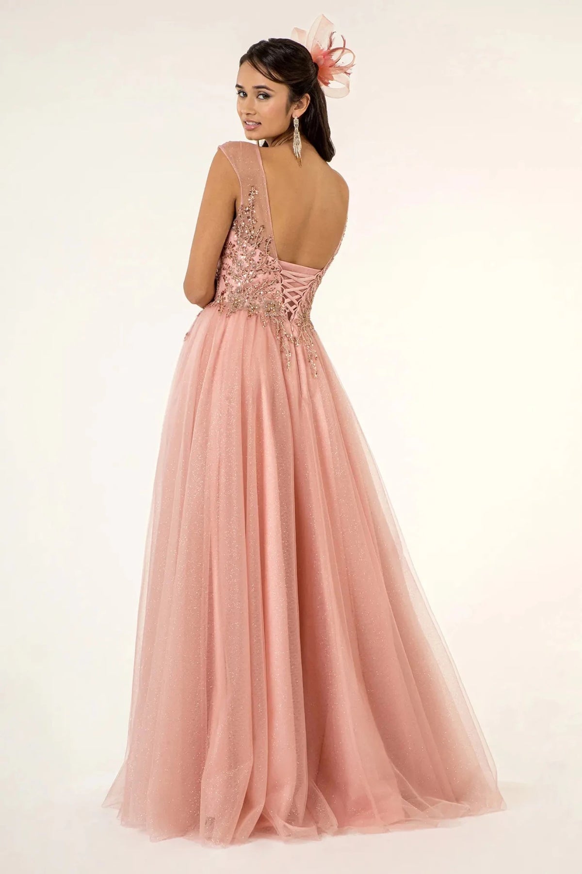 Dusty Rose prom evening dress full back with open back