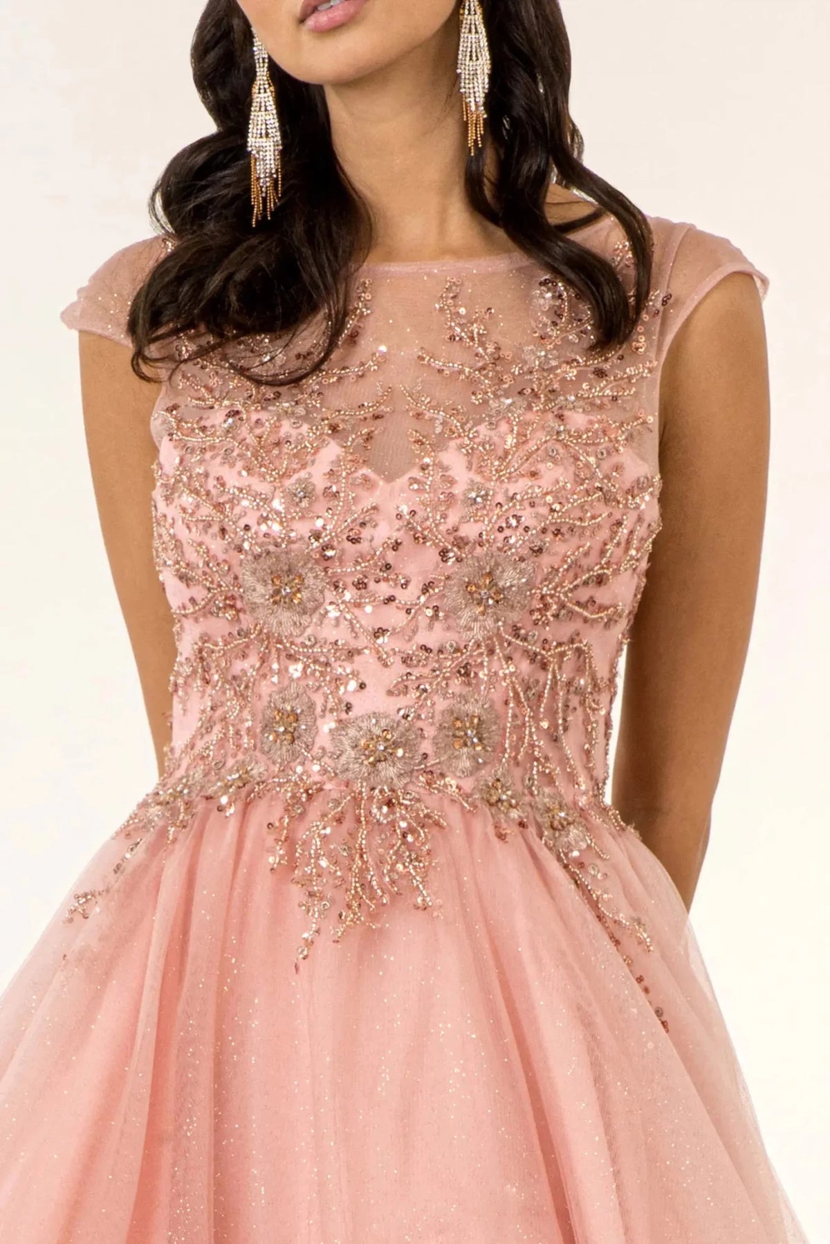 Dusty Rose boat-neck prom evening dress upper front with beads, glitter, sequin