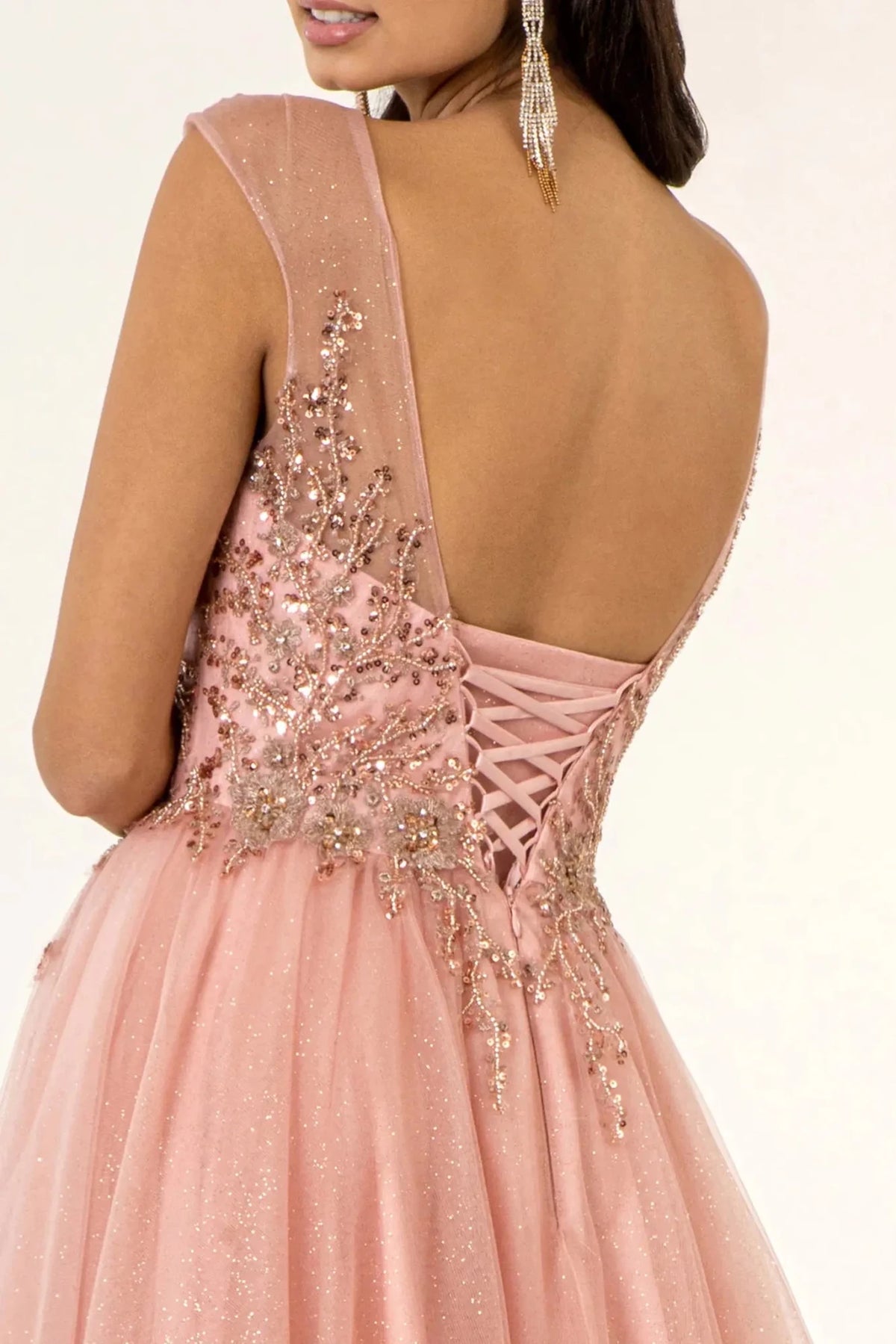 Dusty Rose prom evening dress a-line skirt detail