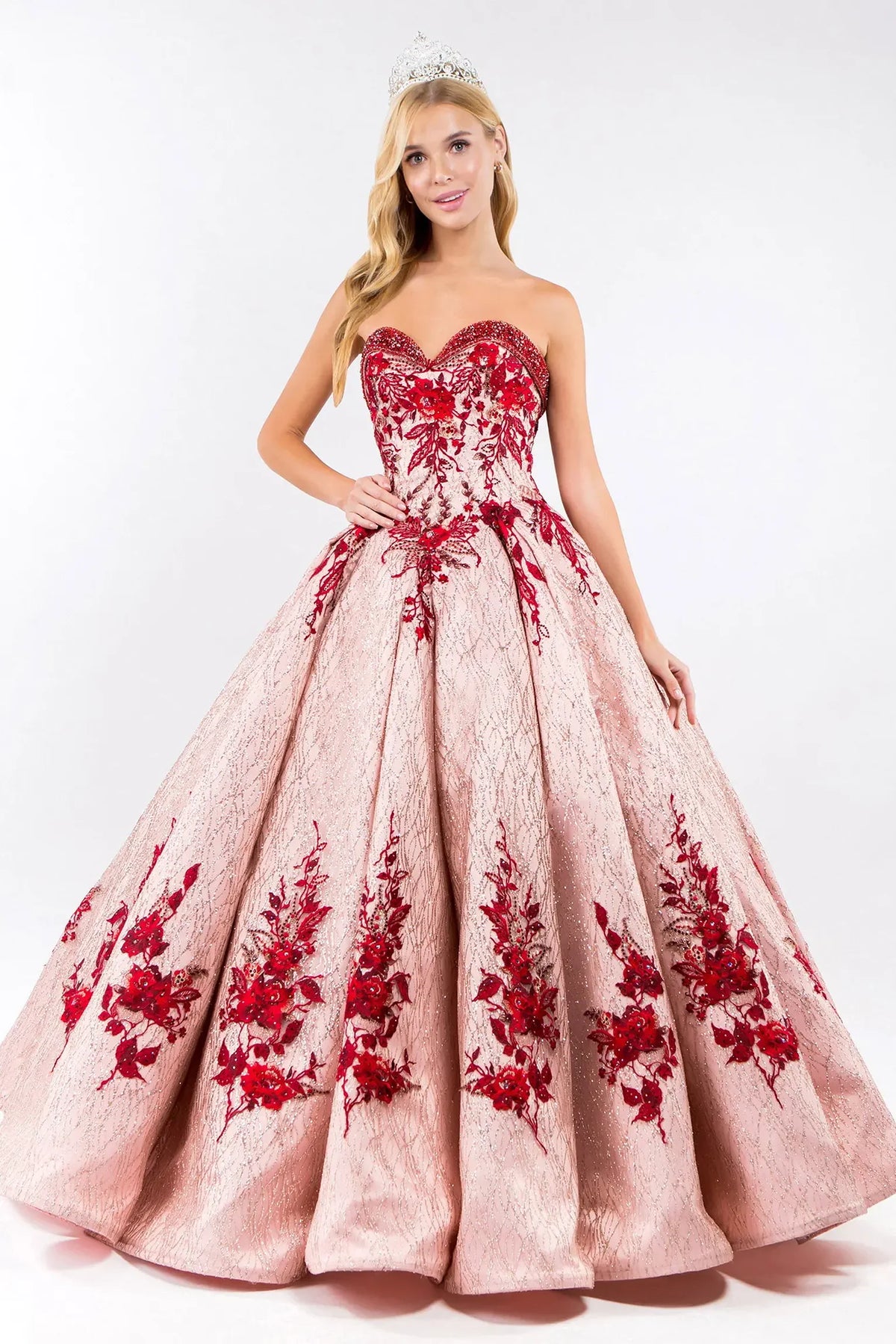 Full-length view presents the Rose Gold quinceañera ball gown with glitter mesh.
