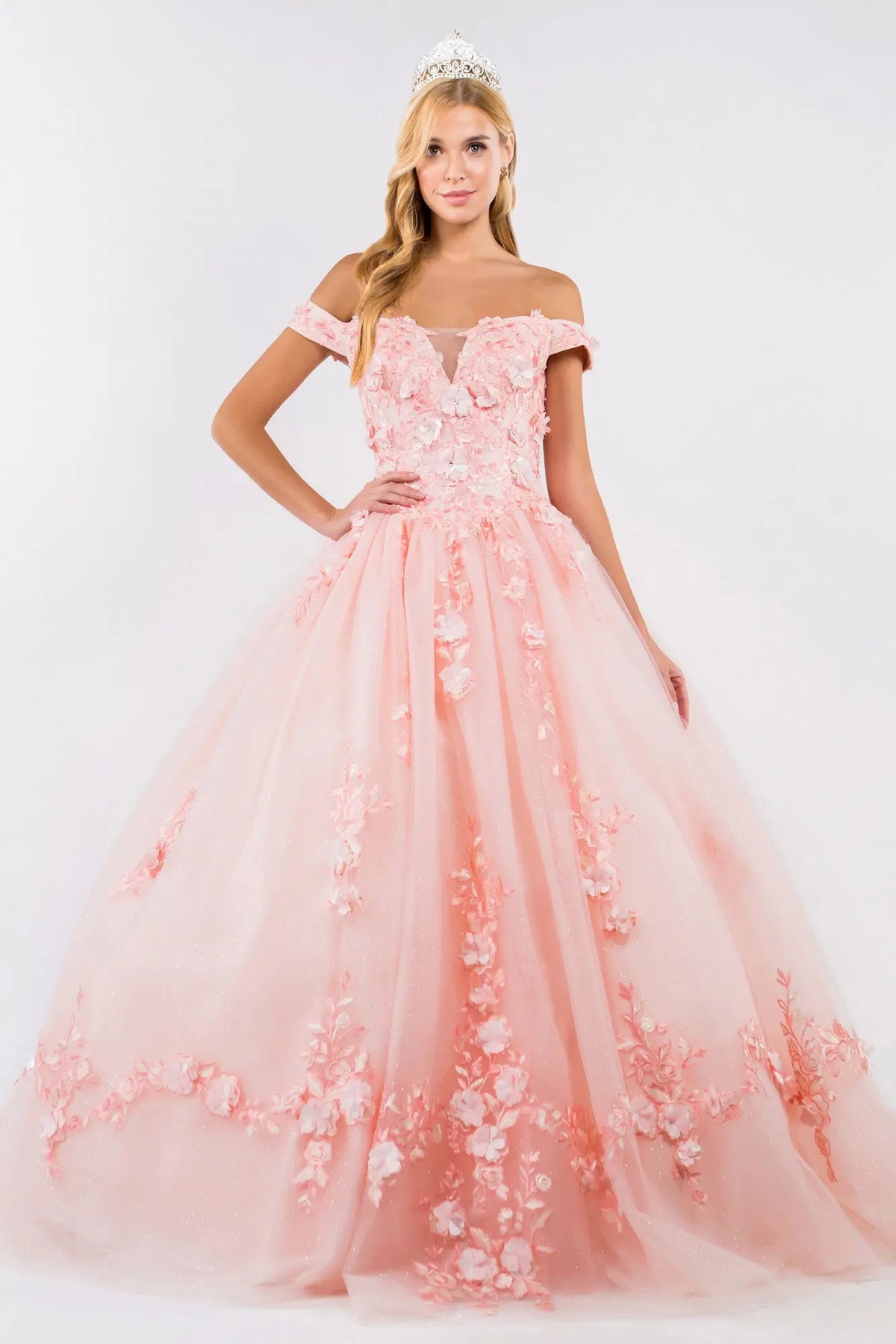 Full-length view presents the Blush quinceañera ball gown with 3d floral appliqués.