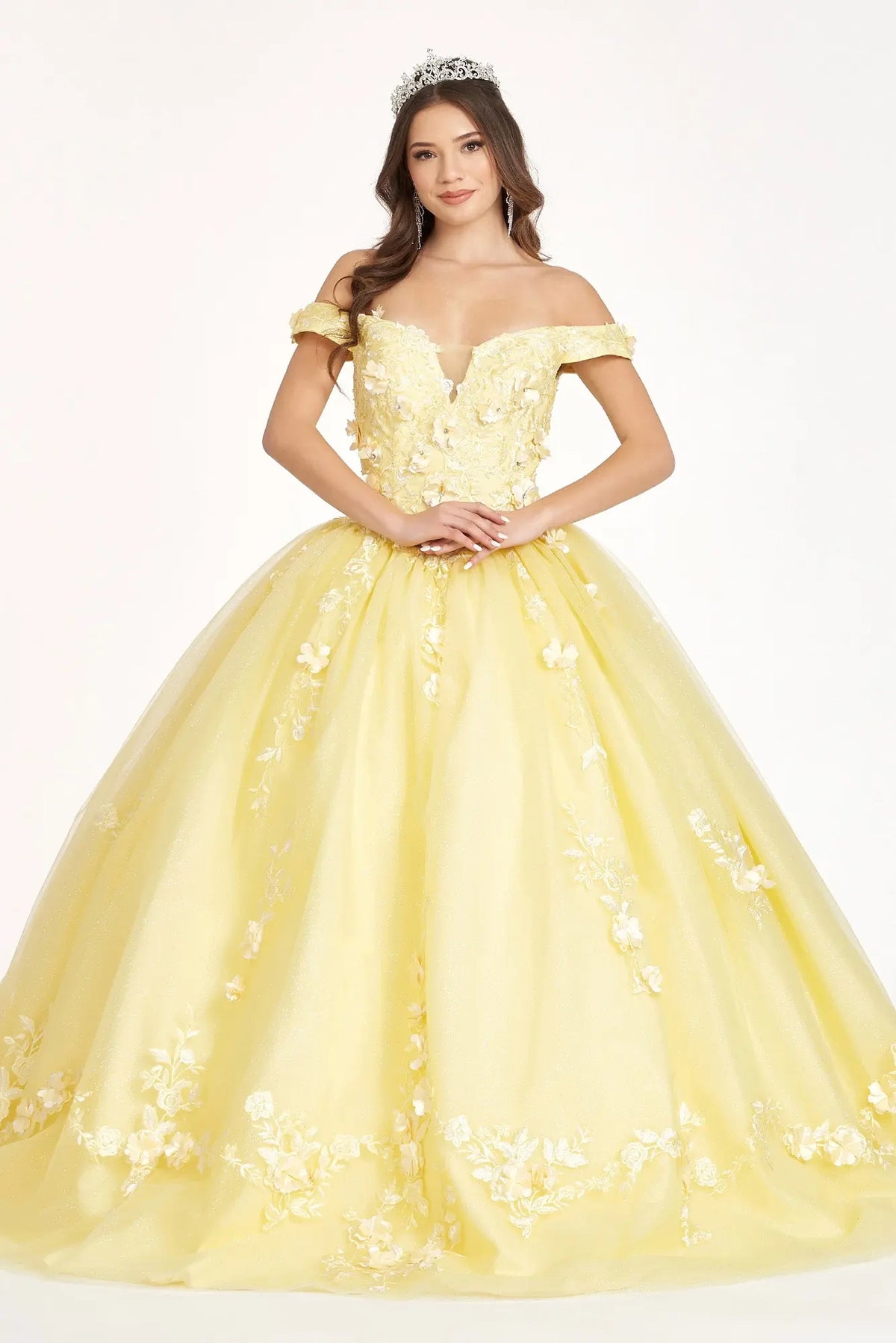 Full-length view presents the Yellow quinceañera ball gown with 3d floral appliqués.