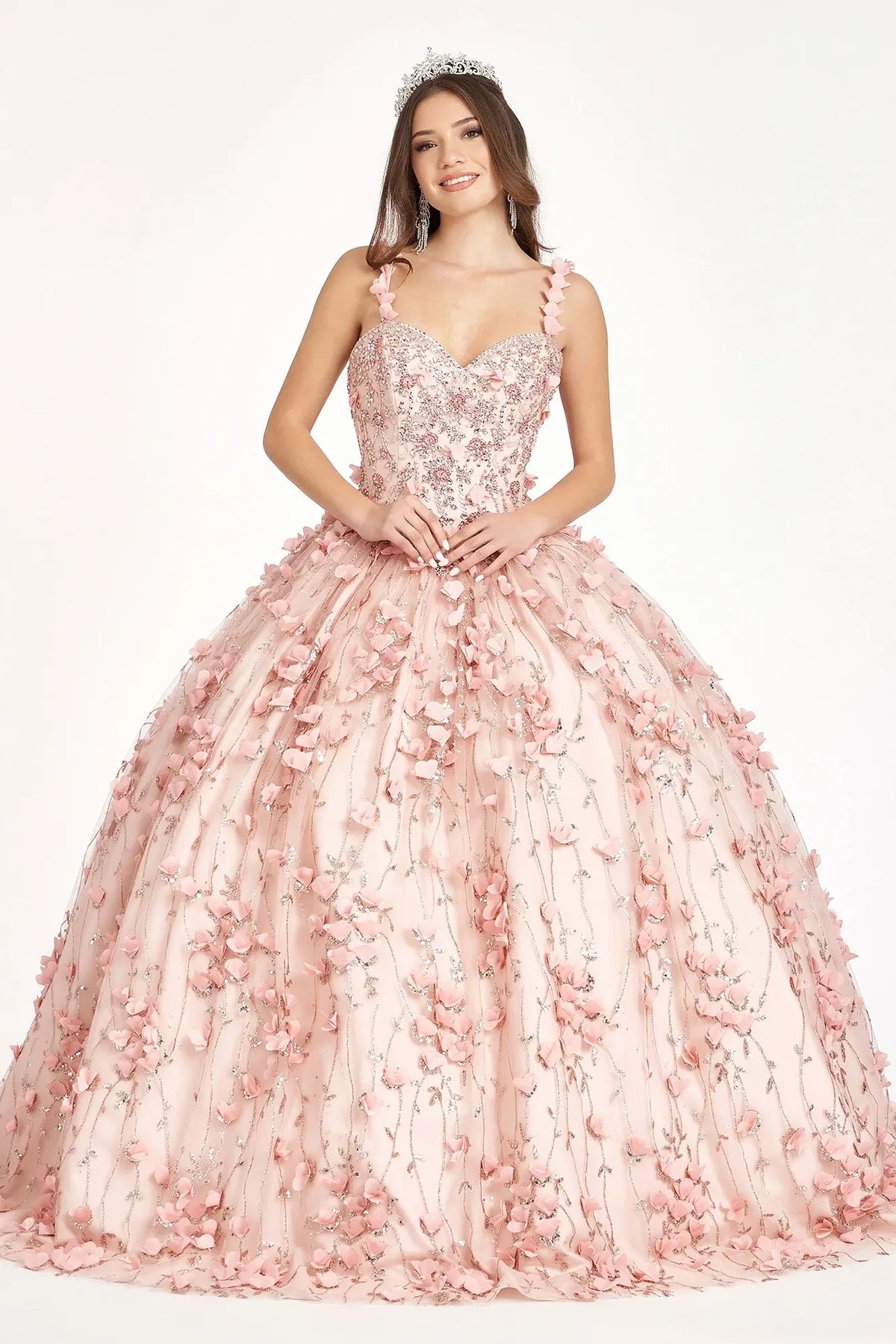 Full-length view presents the Blush quinceañera ball gown with floral appliqués.