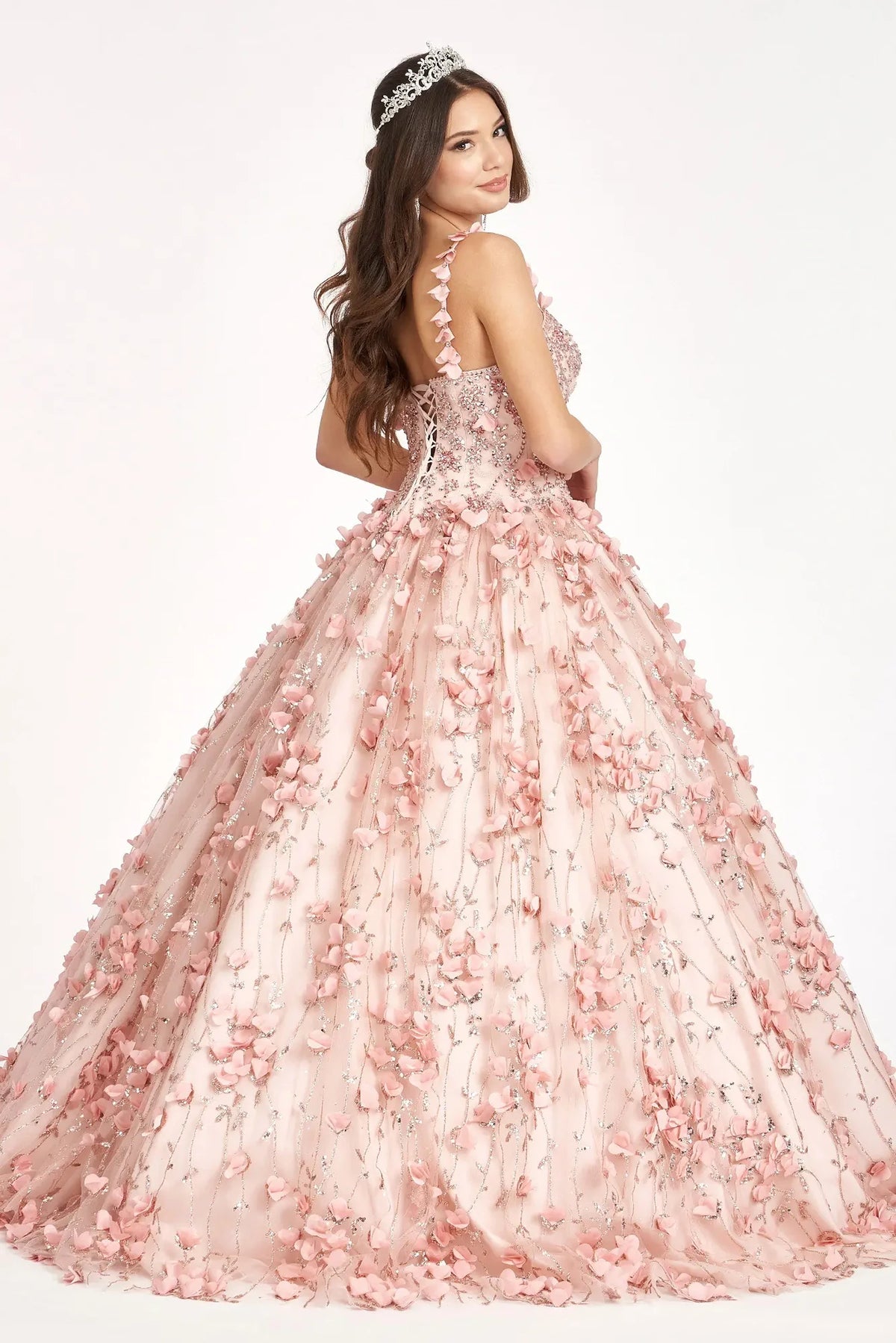 Bodice close-up highlights the Blush quinceañera ball gown with jeweled spaghetti straps.