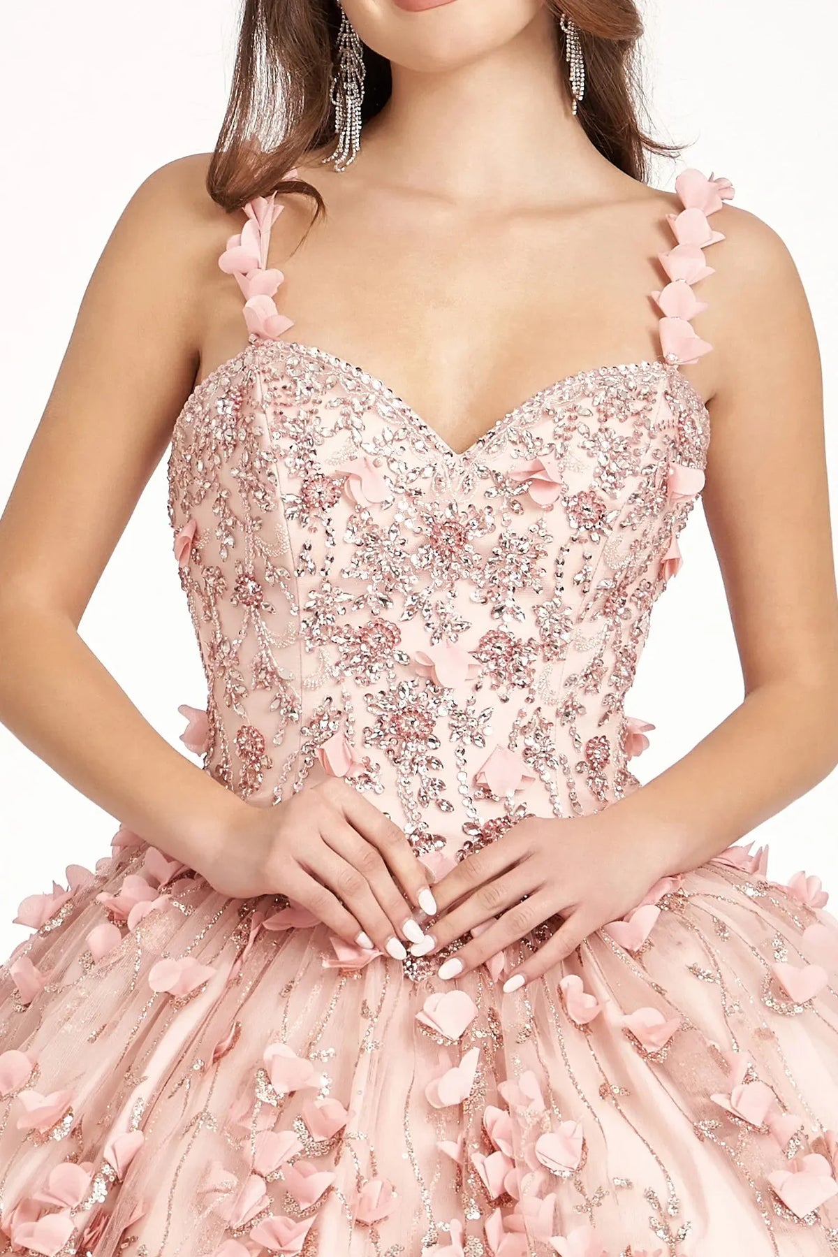 Embroidered details frame the Blush quinceañera ball gown with floral appliqués.