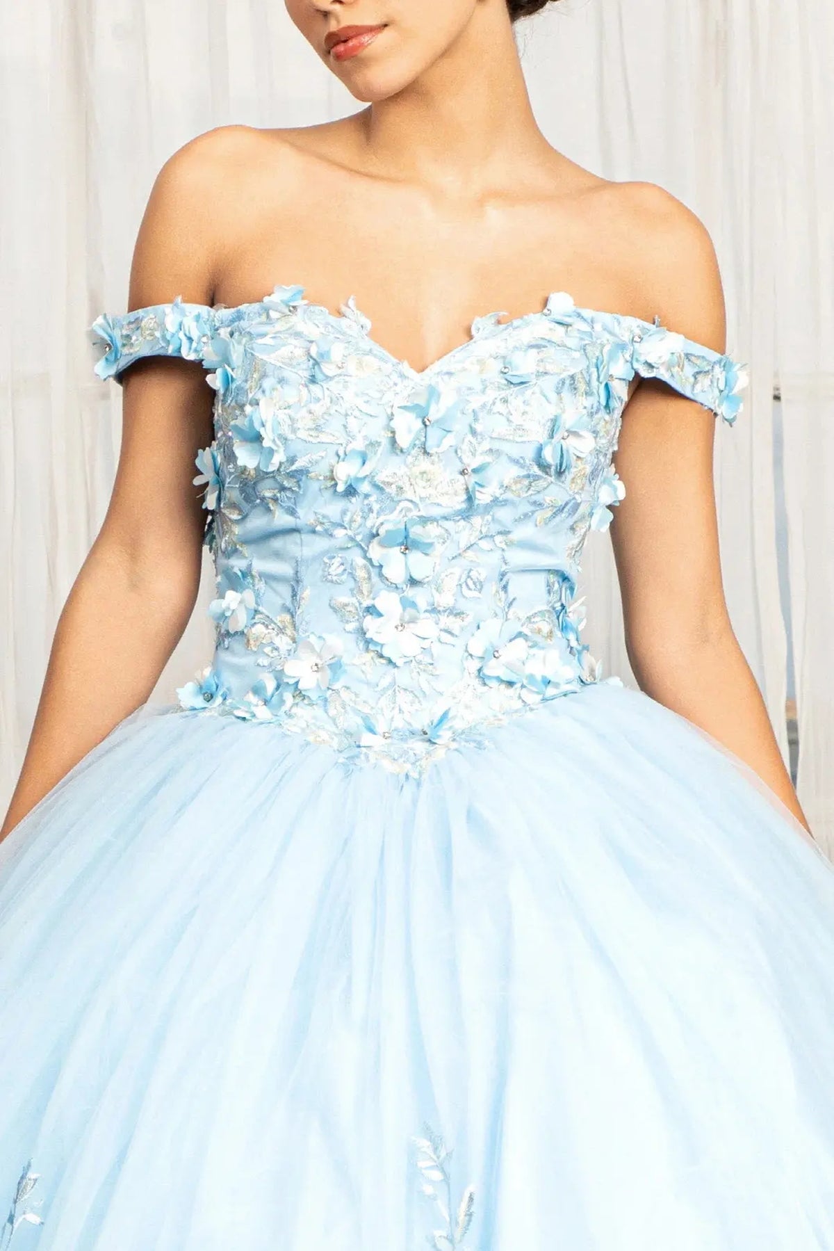 Full-length view presents the Baby Blue quinceañera ball gown with 3d floral appliqués.