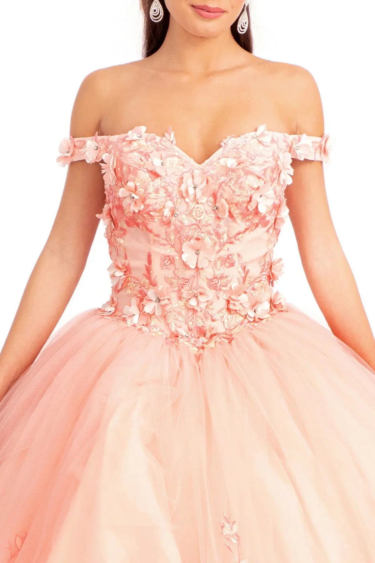Full-length view presents the Blush quinceañera ball gown with 3d floral appliqués.