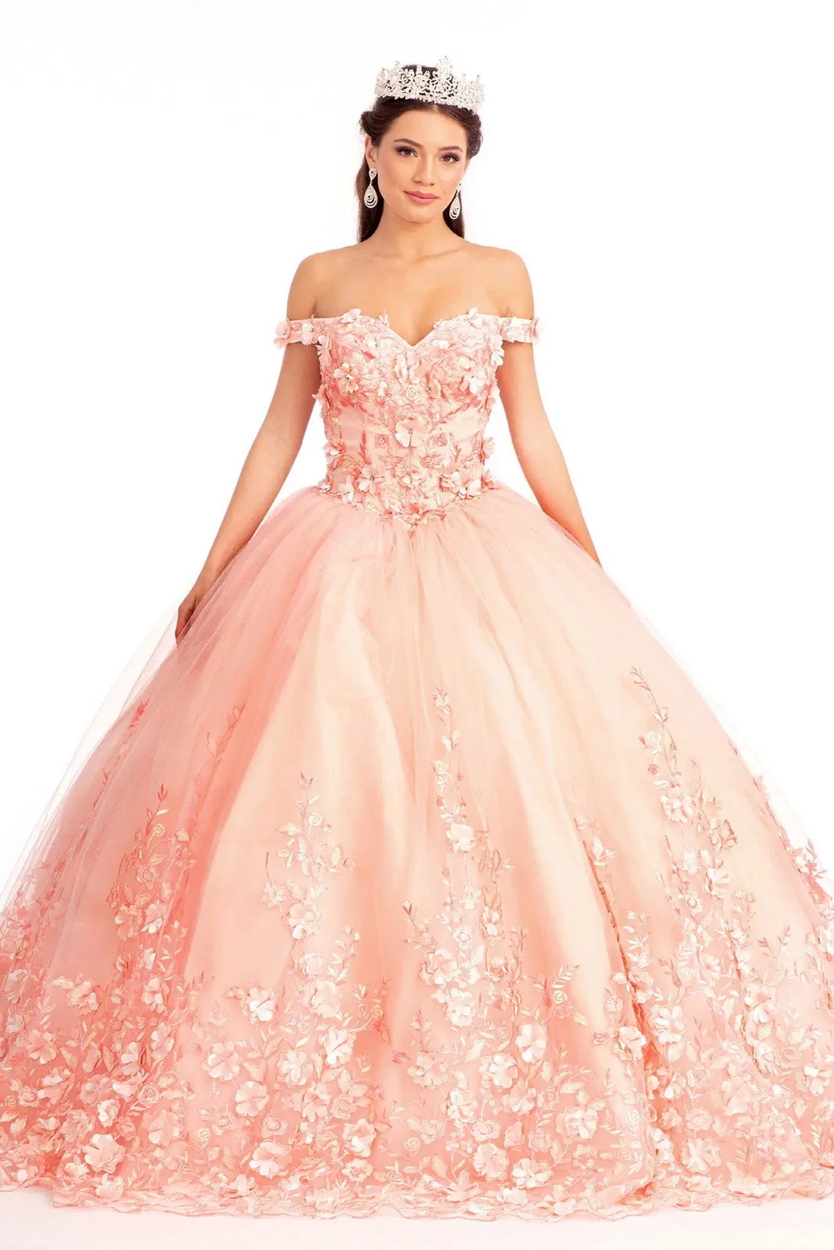 Lace-up back reveals the Blush quinceañera ball gown with lace-up back and cutaway shoulder detail.