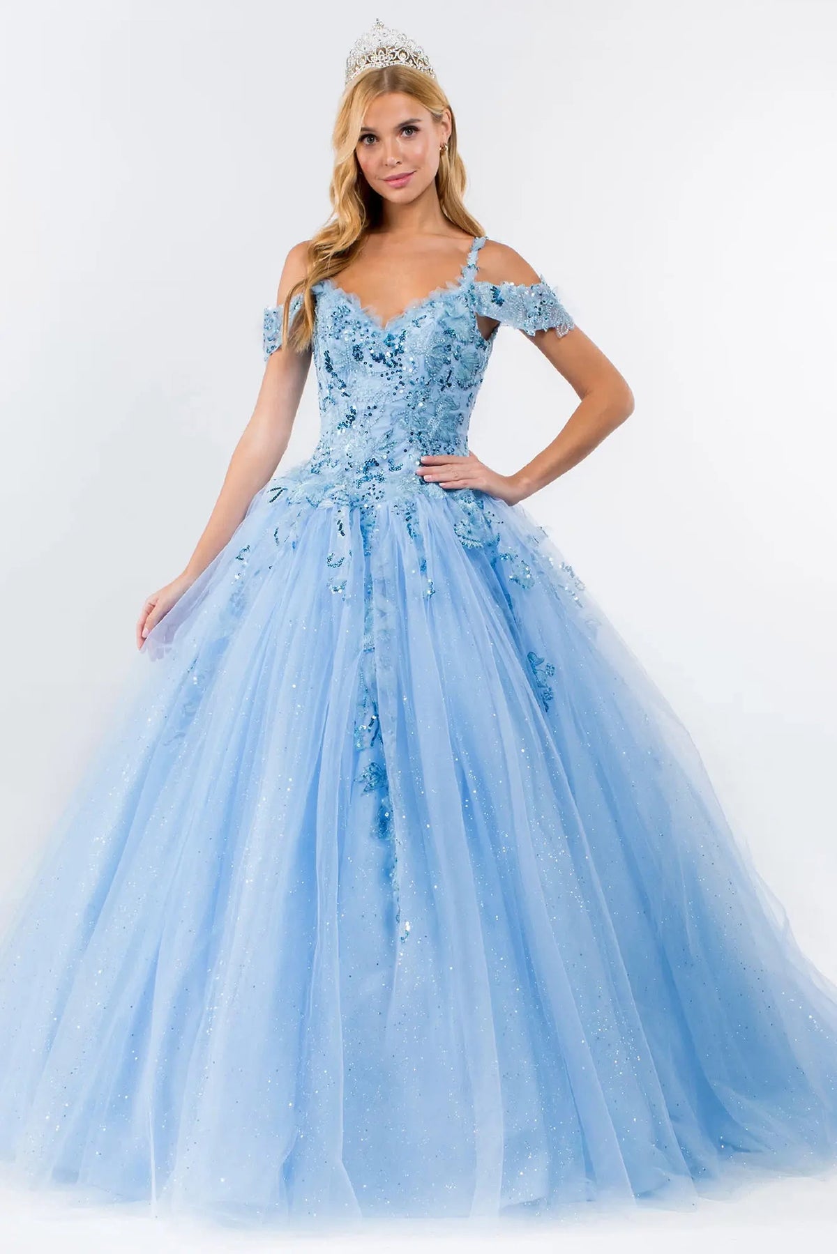 Full-length view presents the Baby Blue quinceañera ball gown with glitter embroidery.