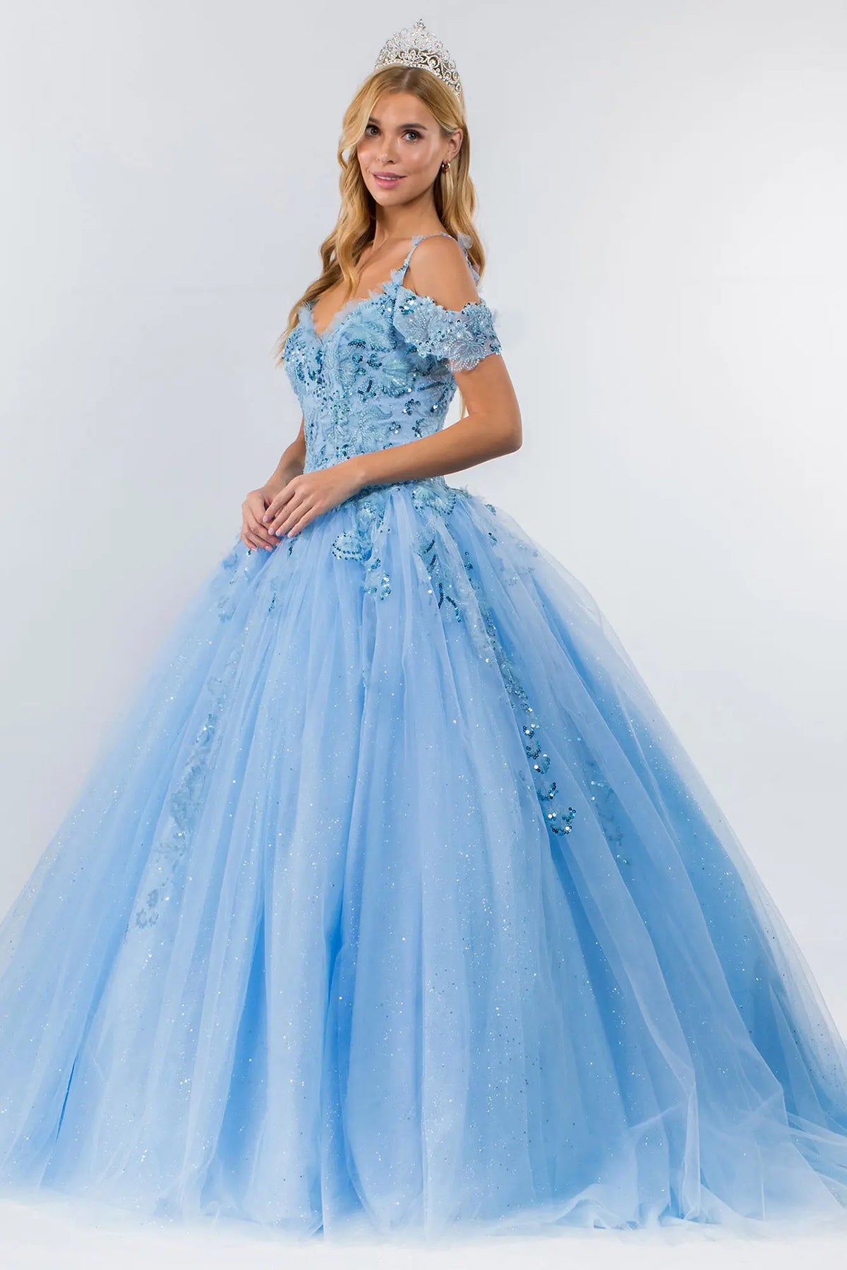 Lace-up back reveals the Baby Blue quinceañera ball gown with lace-up back and beaded sweetheart bodice.