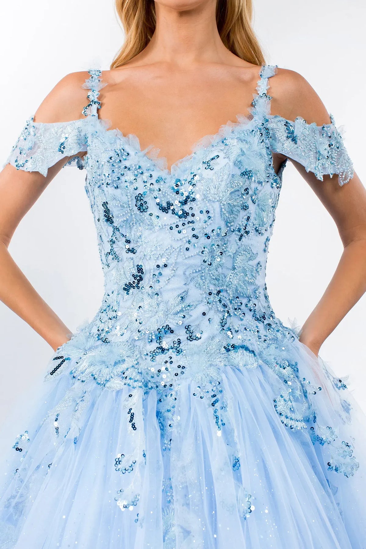 Bodice close-up highlights the Baby Blue quinceañera ball gown with beaded sweetheart bodice.