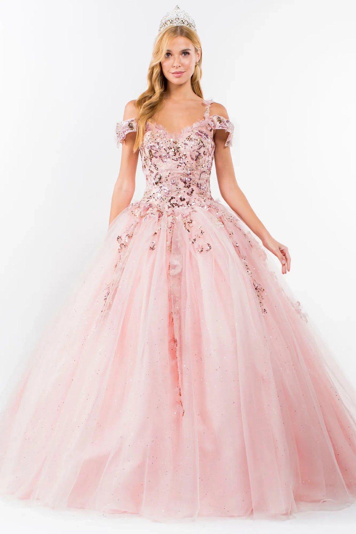 Full-length view presents the Blush quinceañera ball gown with glitter embroidery.