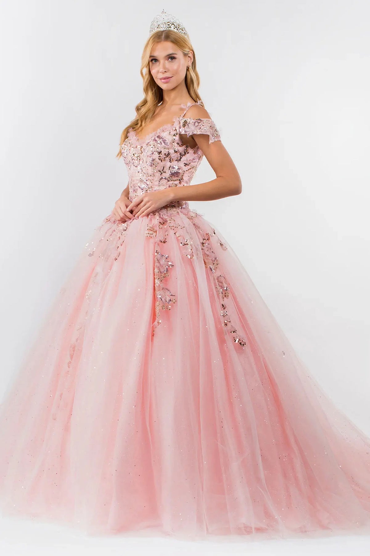Bodice close-up highlights the Blush quinceañera ball gown with beaded sweetheart bodice.