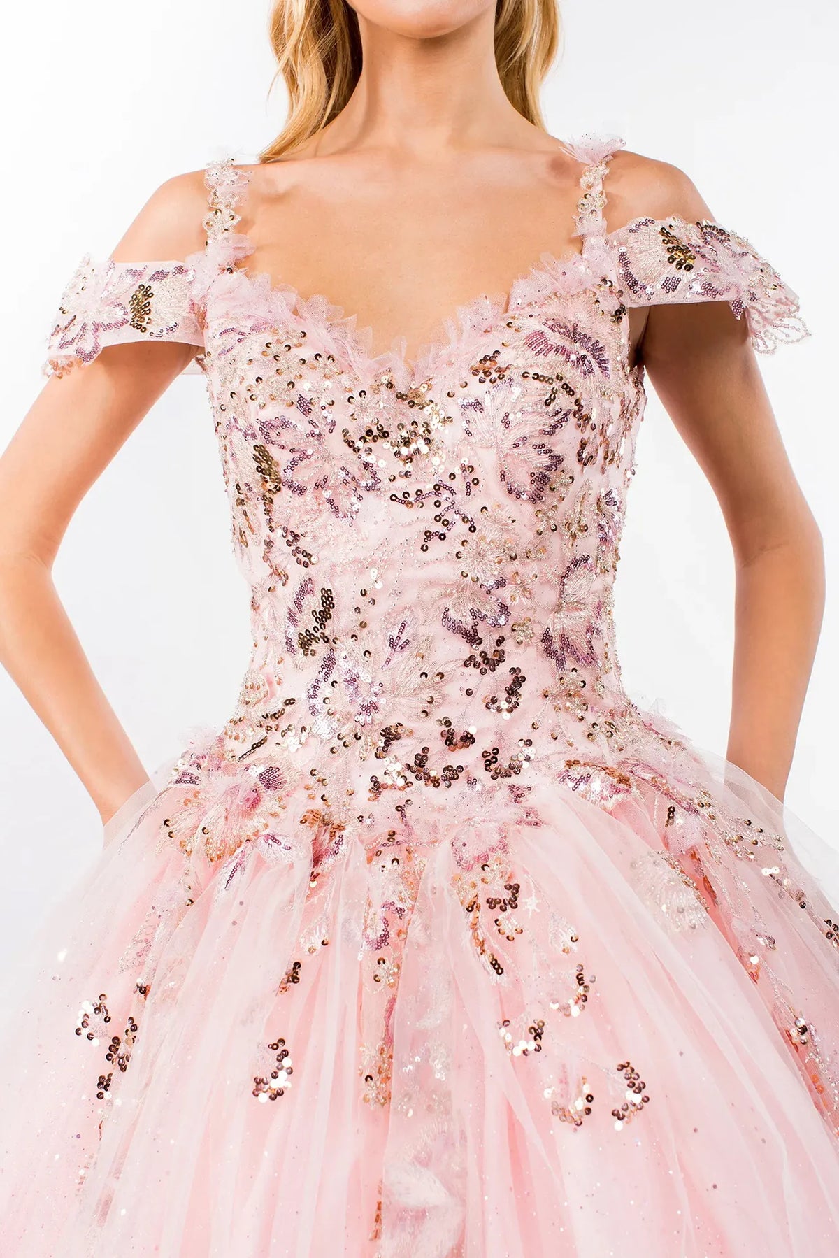 Embroidered details frame the Blush quinceañera ball gown with glitter embroidery.