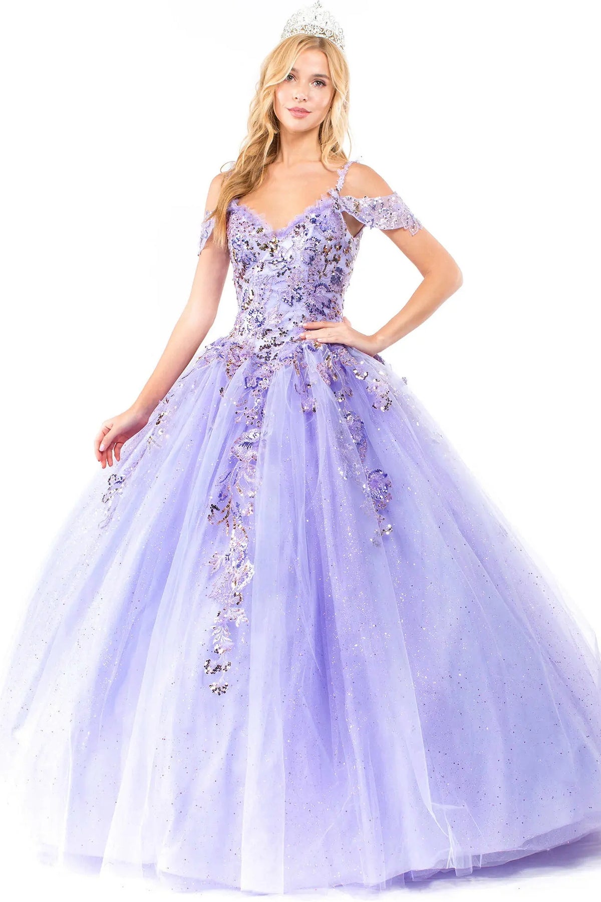 Full-length view presents the Lilac quinceañera ball gown with glitter embroidery.