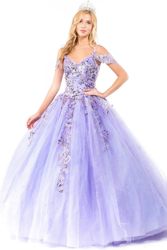 Full-length view presents the Lilac quinceañera ball gown with glitter embroidery.