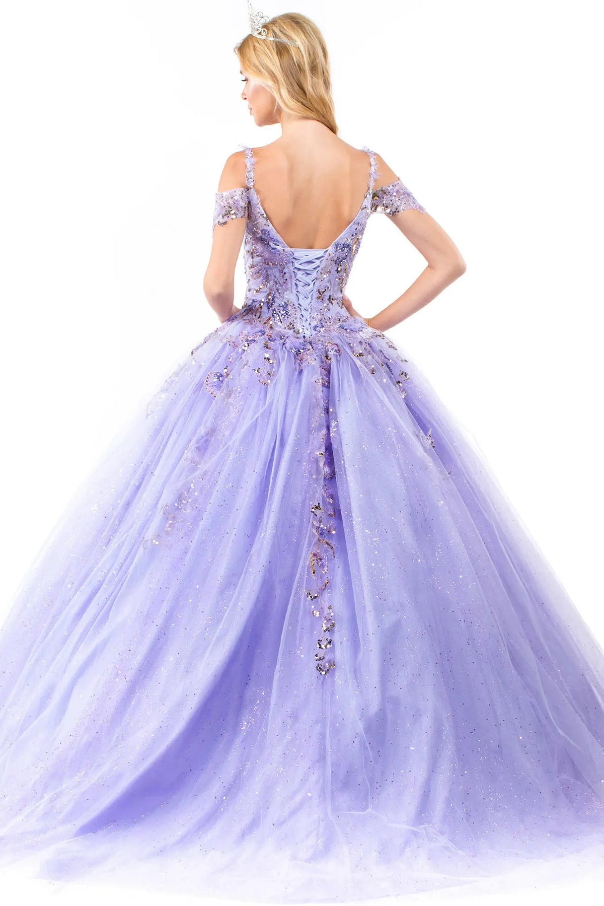 Lace-up back reveals the Lilac quinceañera ball gown with lace-up back and beaded sweetheart bodice.