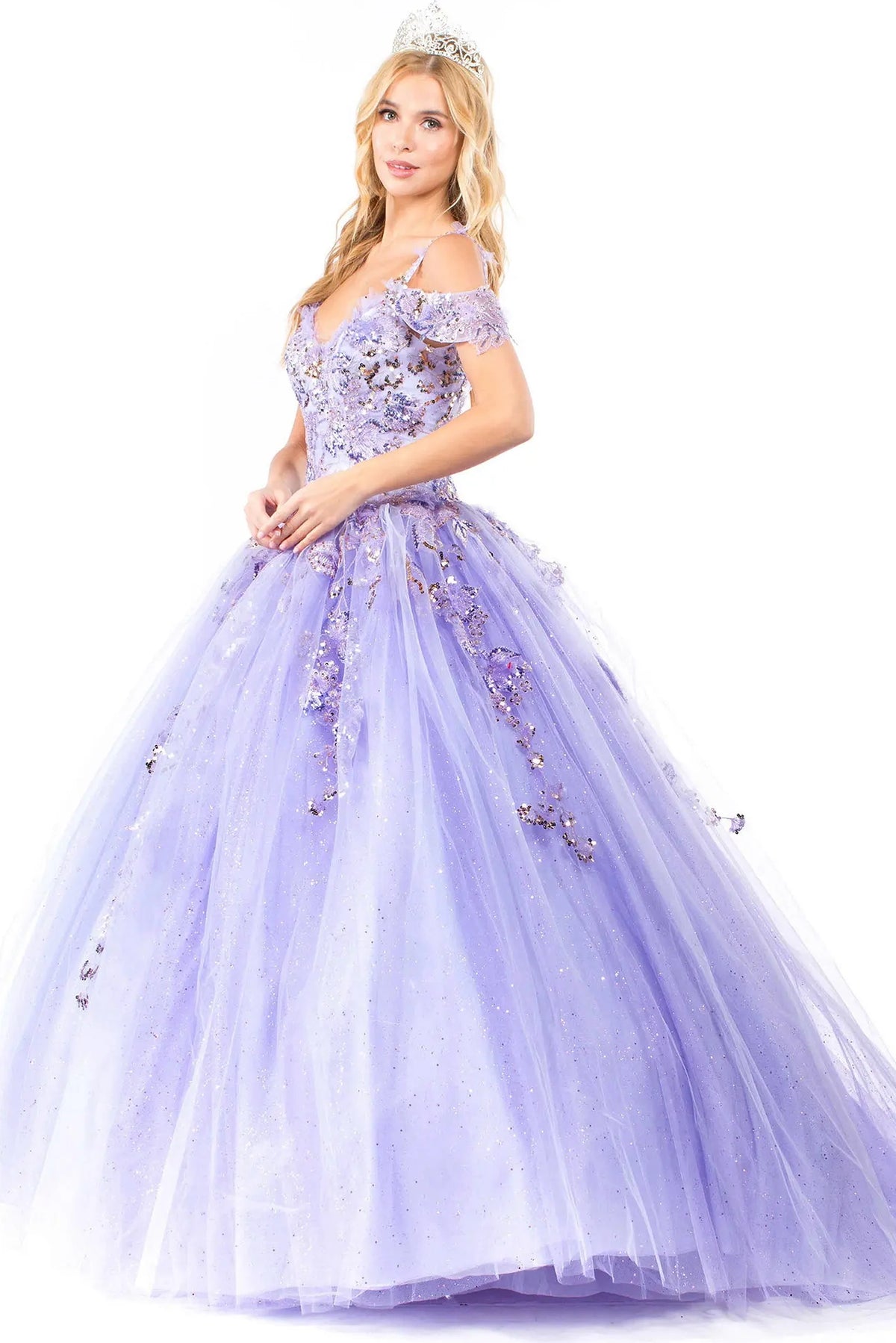 Bodice close-up highlights the Lilac quinceañera ball gown with beaded sweetheart bodice.