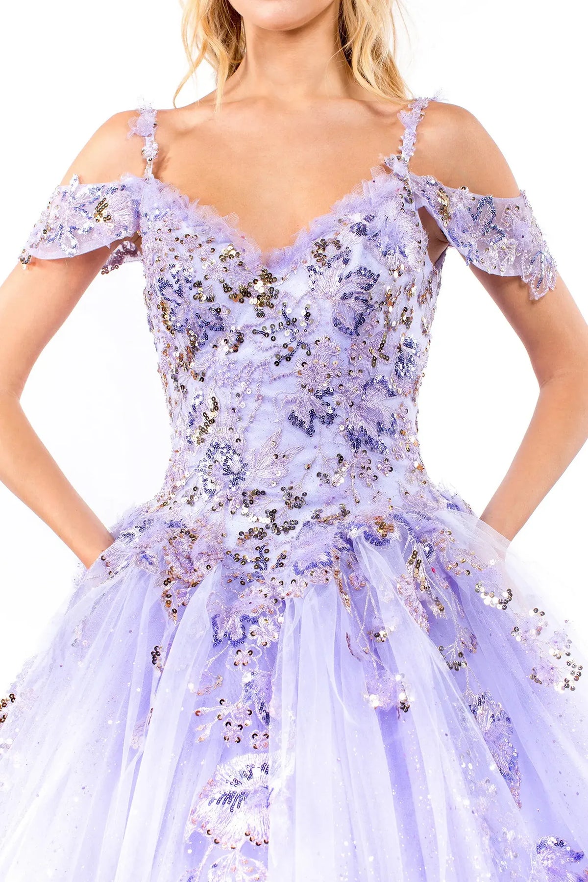 Embroidered details frame the Lilac quinceañera ball gown with glitter embroidery.