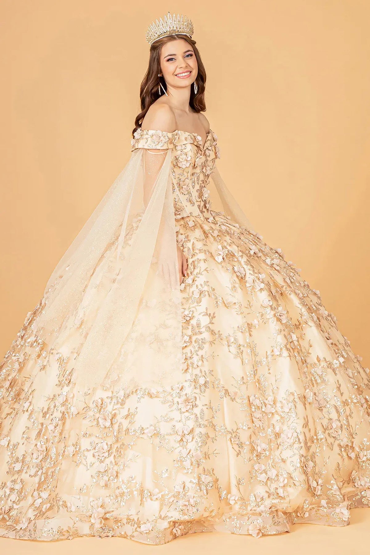 Embroidered details frame the Champagne quinceañera ball gown with 3d floral appliqués.