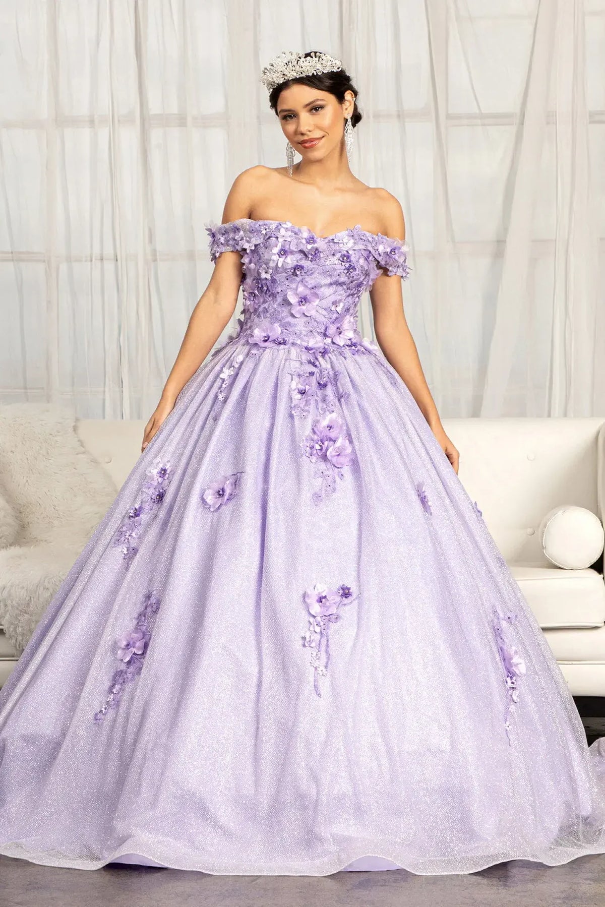 Lace-up back reveals the Lilac quinceañera ball gown with lace-up back and glitter mesh skirt.