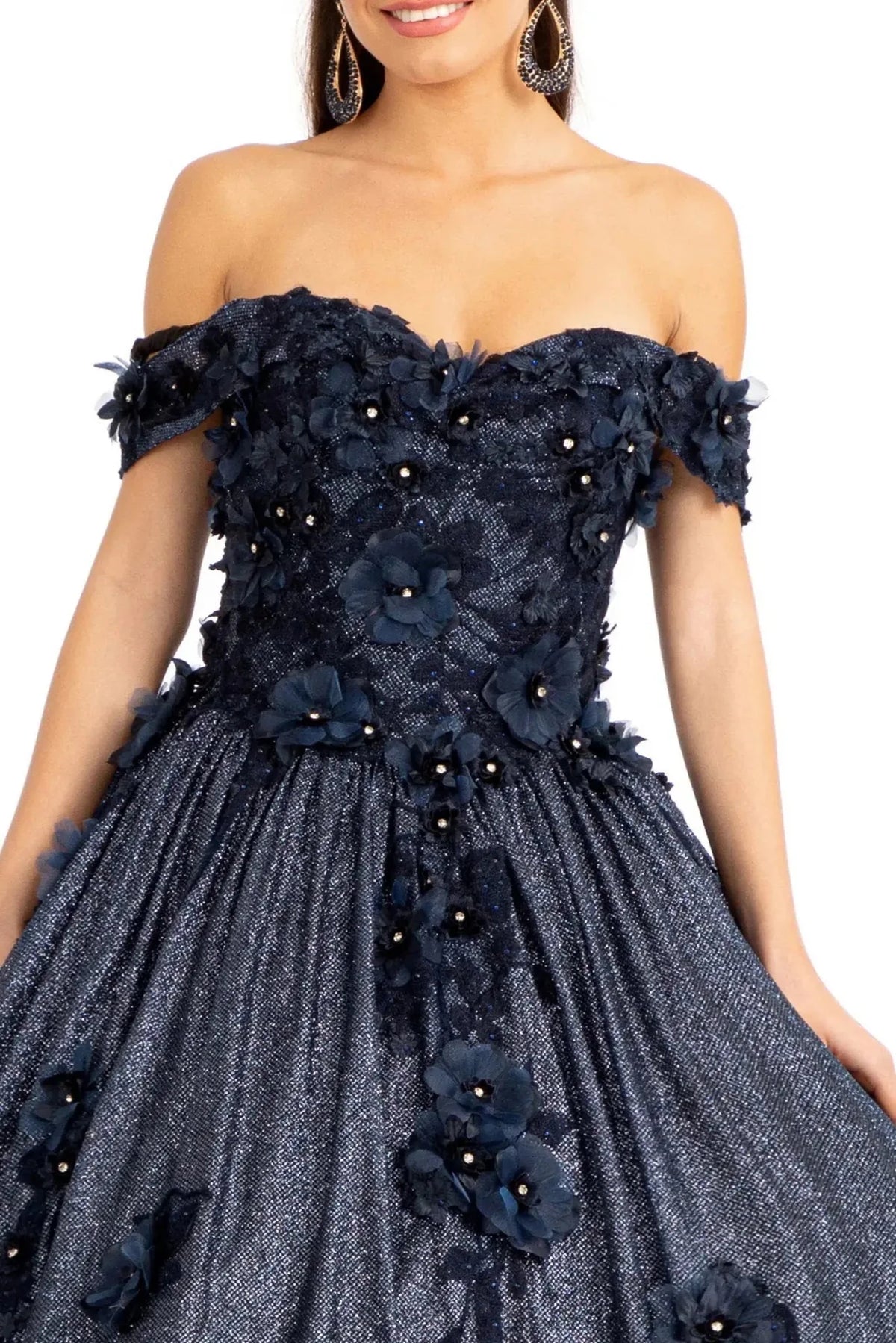 Full-length view presents the Navy quinceañera ball gown with 3d floral appliqués.