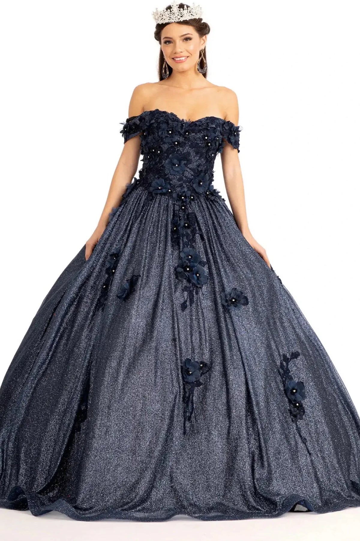 Lace-up back reveals the Navy quinceañera ball gown with lace-up back and glitter mesh skirt.