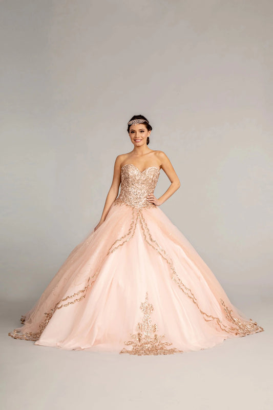Full-length view presents the Blush quinceañera ball gown with glitter sequins.