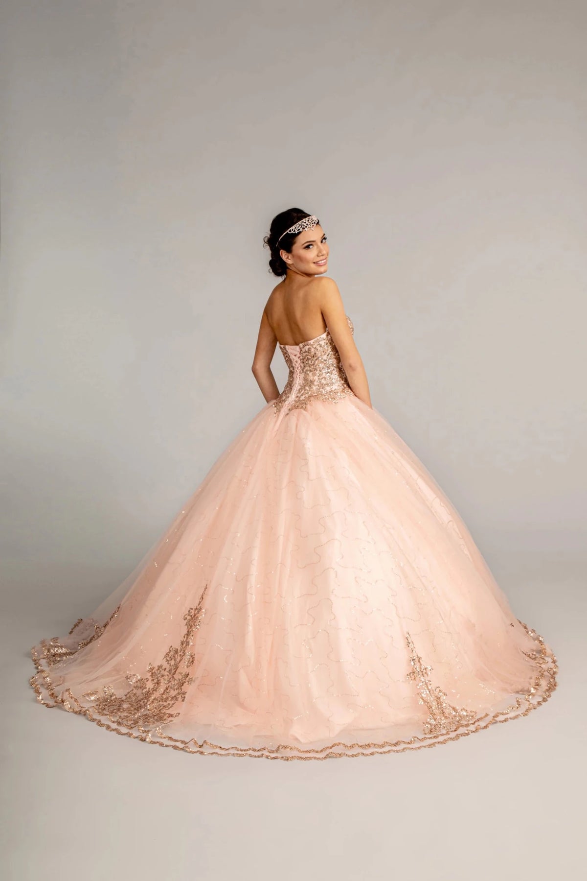 Bodice close-up highlights the Blush quinceañera ball gown with sweetheart neckline.