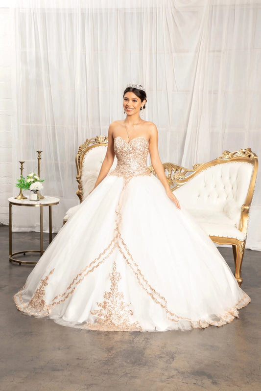 Displayed in full, the Off White quinceañera ball gown features a strapless gold-embroidered bodice and layered tulle skirt.