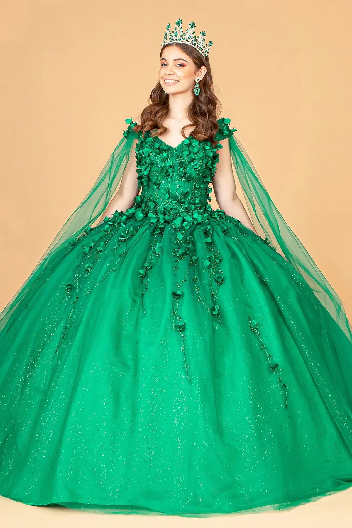 Lace-up back reveals the Emerald Green quinceañera ball gown with lace-up back and 3d floral appliqués.
