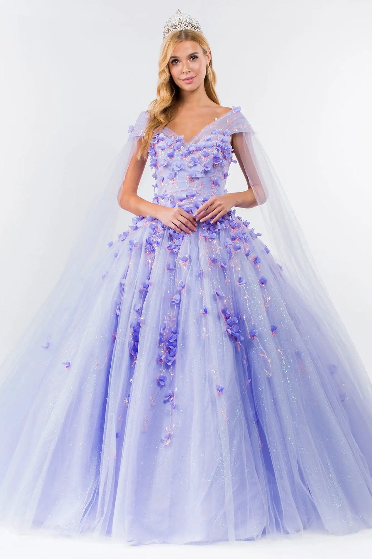 Full-length view presents the Lilac quinceañera ball gown with detachable cape sleeves.